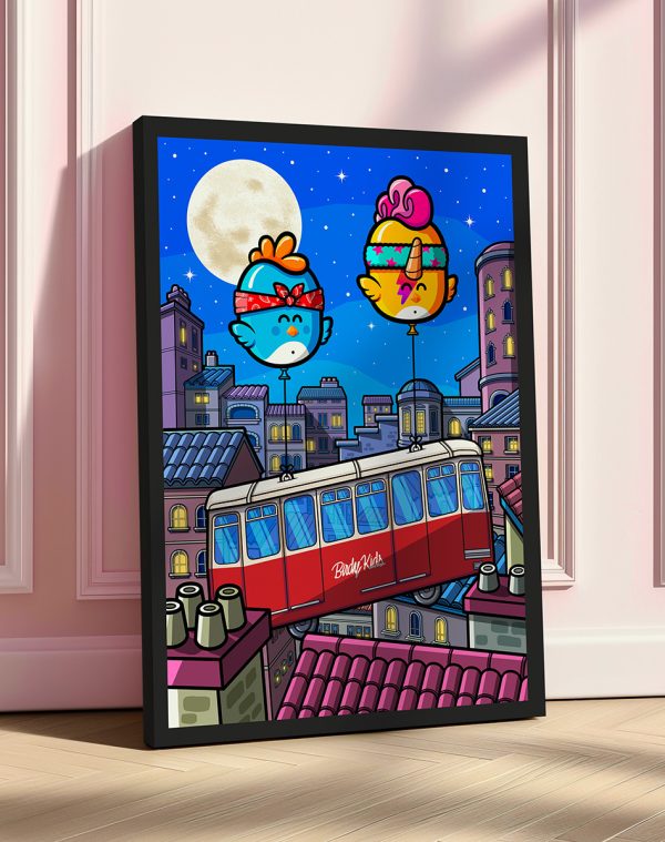 Toile Funnyculaire par BirdyKids, art pop coloré lyonnais, funiculaire rouge, oiseaux humoristiques sur les toits de Lyon