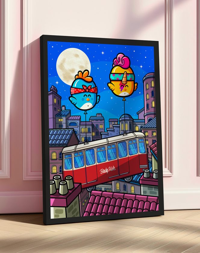 Toile Funnyculaire par BirdyKids, art pop coloré lyonnais, funiculaire rouge, oiseaux humoristiques sur les toits de Lyon