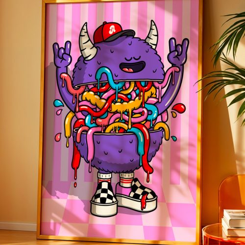 Affiche Monster Birdy Kids illustration pop street art monstre coloré décoration murale affiche cadre bois