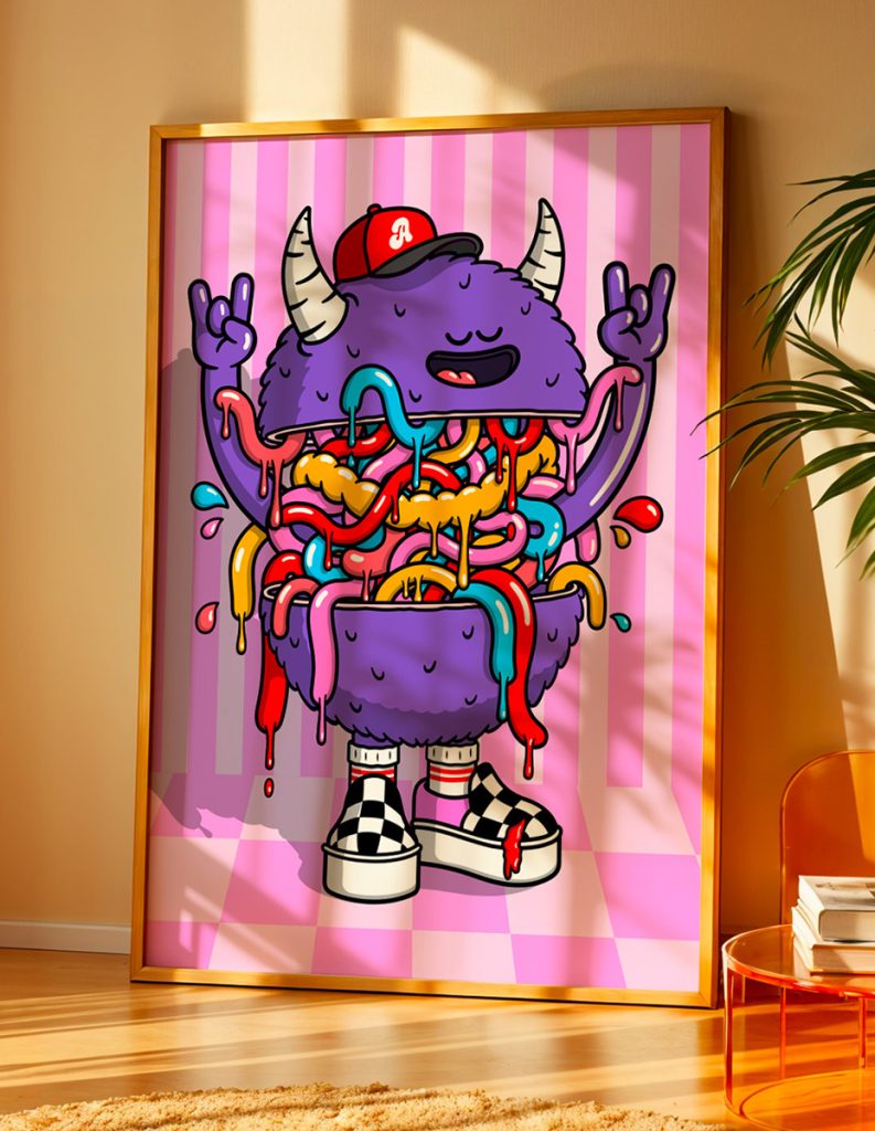 Affiche Monster Birdy Kids illustration pop street art monstre coloré décoration murale affiche cadre bois