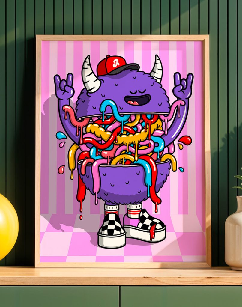 Affiche Monster Birdy Kids illustration pop colorée street art cadre bois