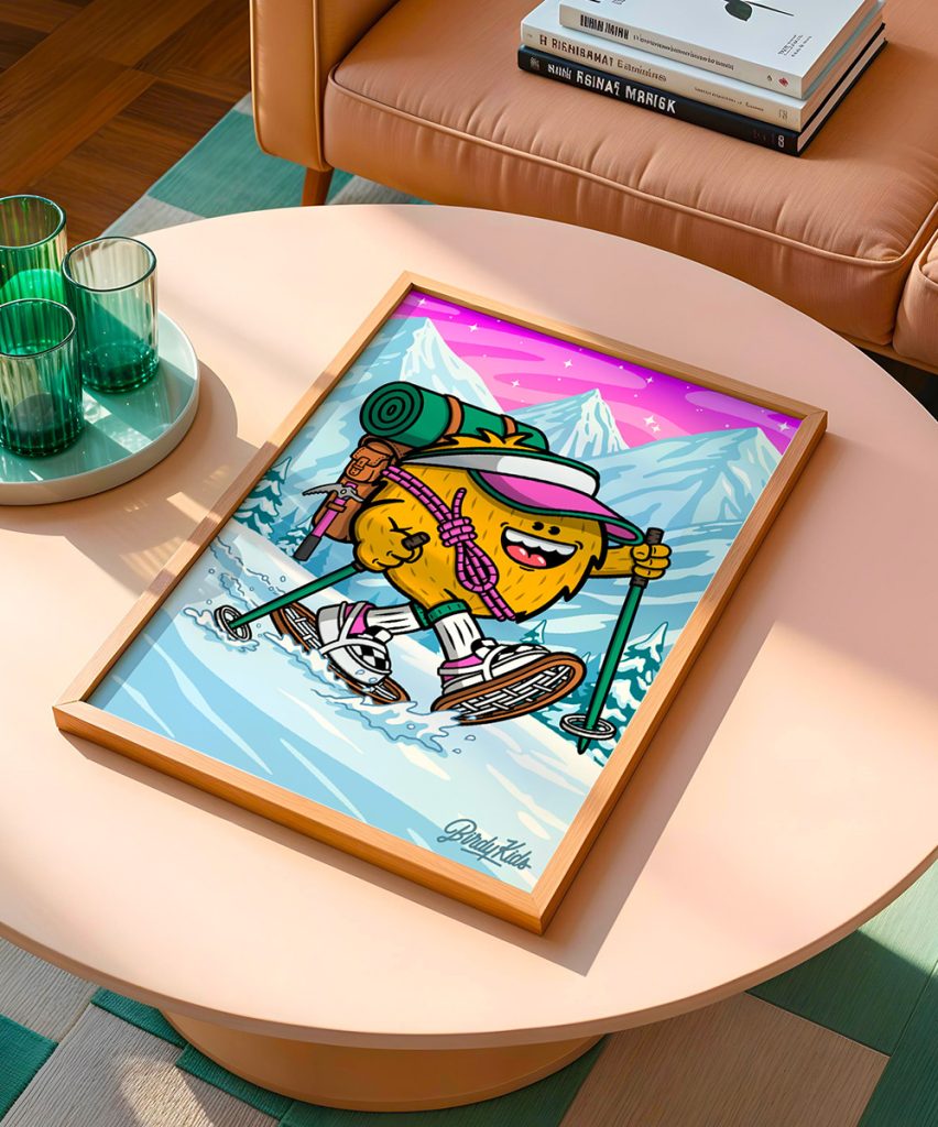 Affiche Altitude Birdy Kids illustration montagne décoration salon table basse cadre bois intérieur moderne