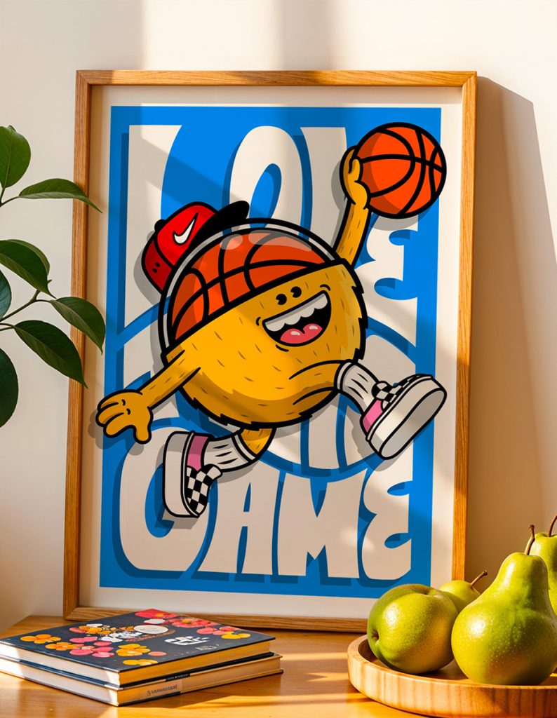 Affiche Happy Dunk Birdy Kids illustration pop basket décoration murale affiche cadre bois intérieur moderne
