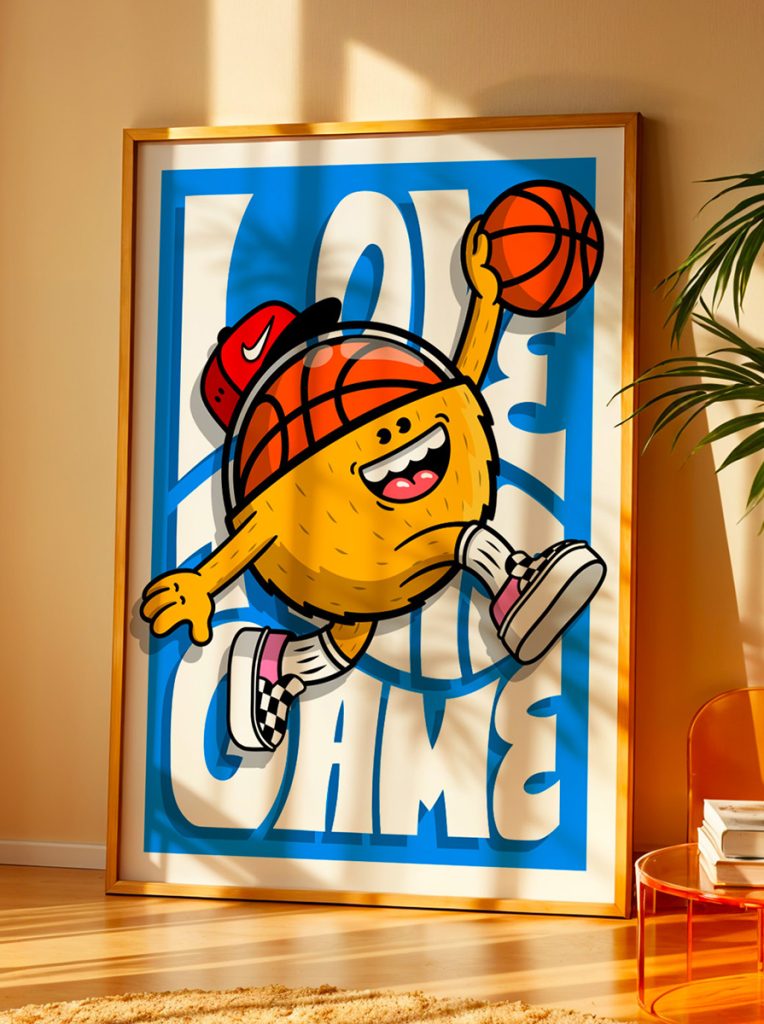 Affiche Happy Dunk Birdy Kids illustration pop basket décoration murale affiche cadre bois intérieur