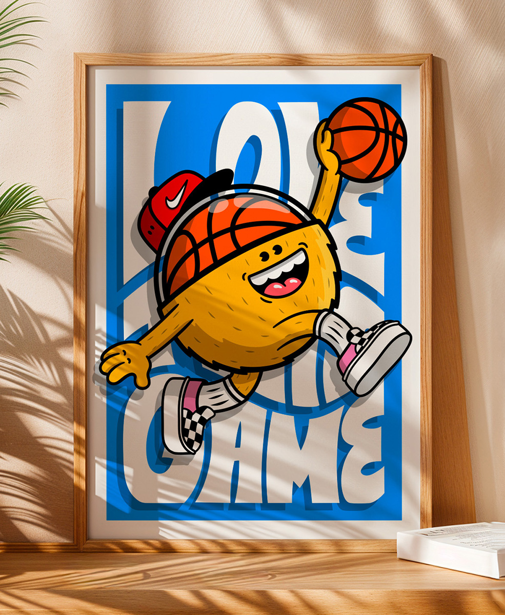 Affiche Happy Dunk Birdy Kids illustration pop basket décoration murale affiche cadre bois