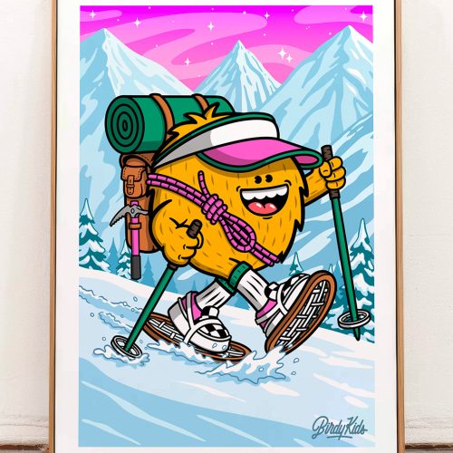Toile Altitude Birdy Kids illustration montagne randonnée personnage cartoon décoration murale tableau coloré canvas cadre bois