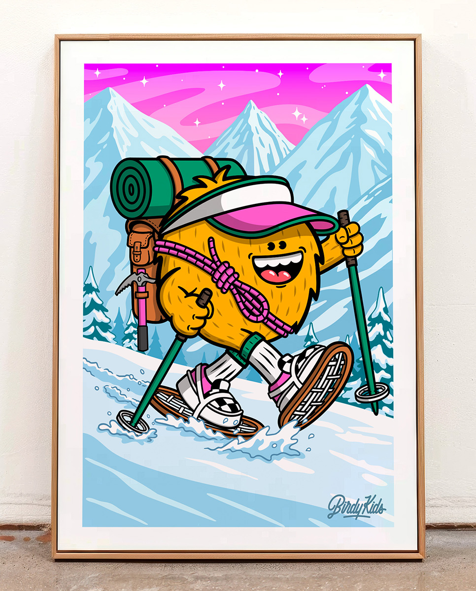 Toile Altitude Birdy Kids illustration montagne randonnée personnage cartoon décoration murale tableau coloré canvas cadre bois