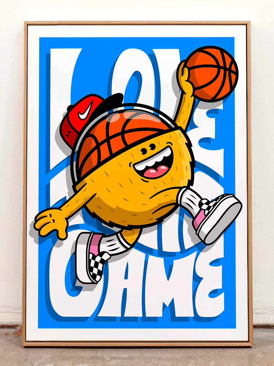 Affiche Happy Dunk Birdy Kids illustration pop basket décoration murale cadre bois